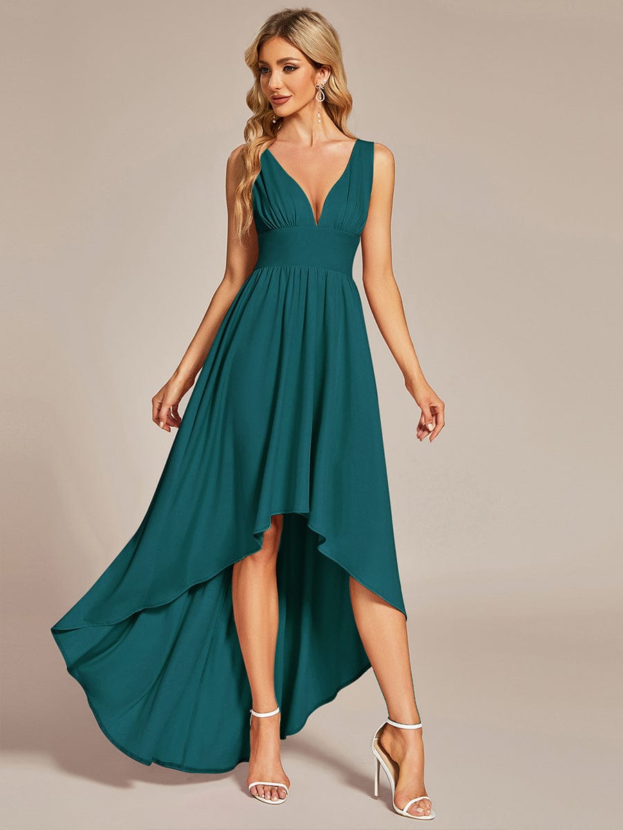 V-Neck Sleeveless High-Low Evening Dress with Stretchy #color_Teal