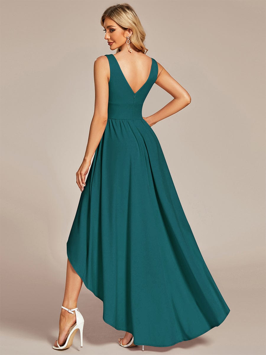 V-Neck Sleeveless High-Low Evening Dress with Stretchy #color_Teal