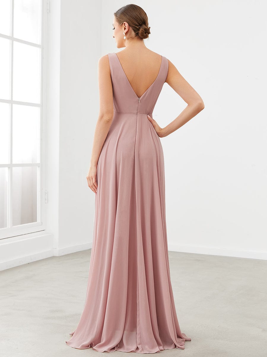 Custom Size Chiffon Ruffled Front Slit Pleated V-Neck Bridesmaid Dress #color_Dusty Rose Custom Size Chiffon Ruffled Front Slit Pleated V-Neck Bridesmaid Dress