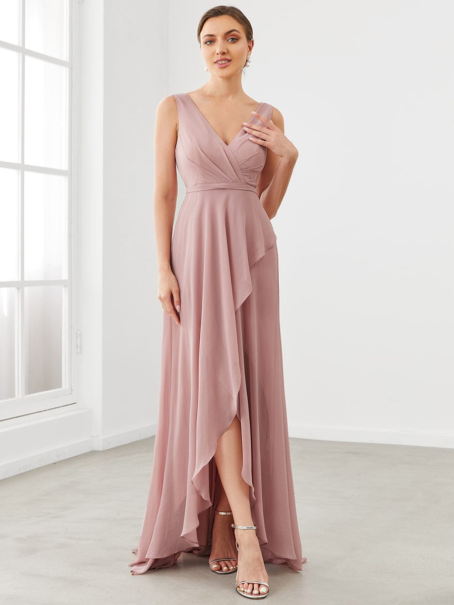 Custom Size Chiffon Ruffled Front Slit Pleated V-Neck Bridesmaid Dress #color_Dusty Rose Custom Size Chiffon Ruffled Front Slit Pleated V-Neck Bridesmaid Dress