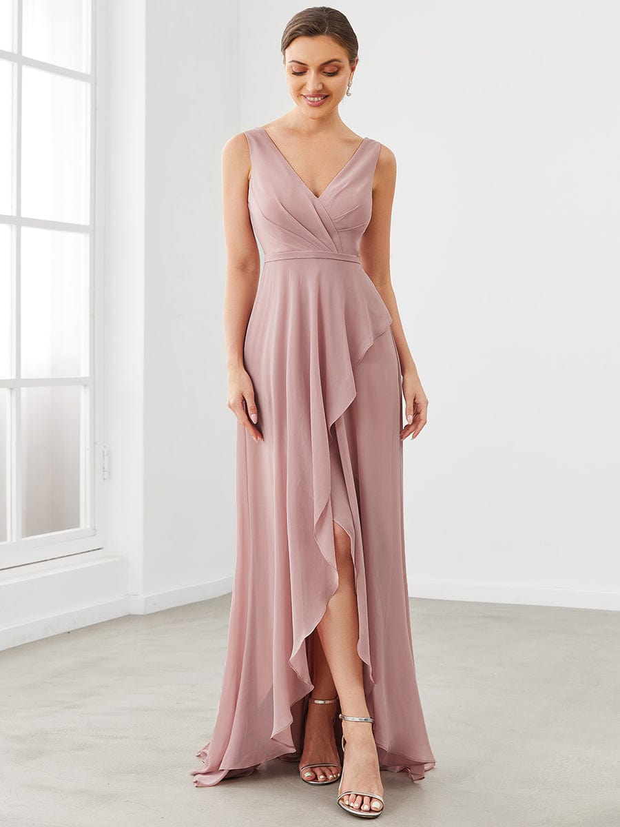 Custom Size Chiffon Ruffled Front Slit Pleated V-Neck Bridesmaid Dress #color_Dusty Rose Custom Size Chiffon Ruffled Front Slit Pleated V-Neck Bridesmaid Dress
