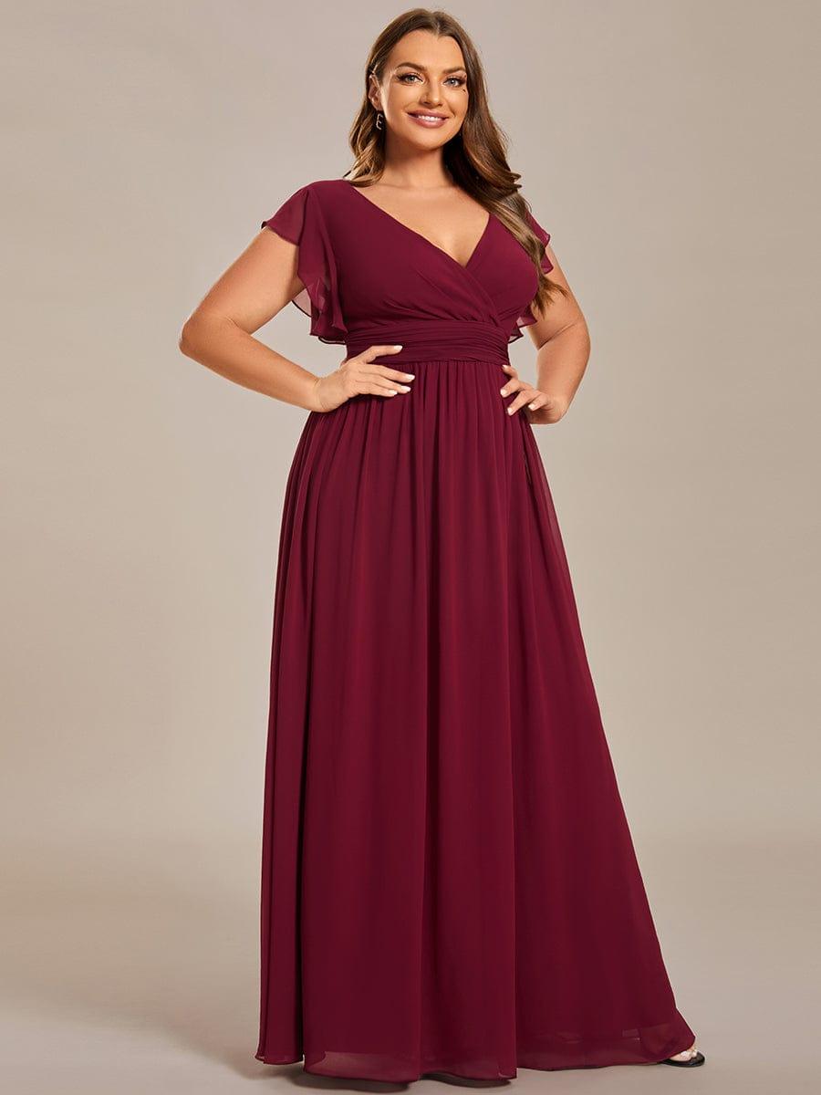 Plus Size V-Neck Open Back Ruffled Sleeves Chiffon Bridesmaid Dress #color_Burgundy