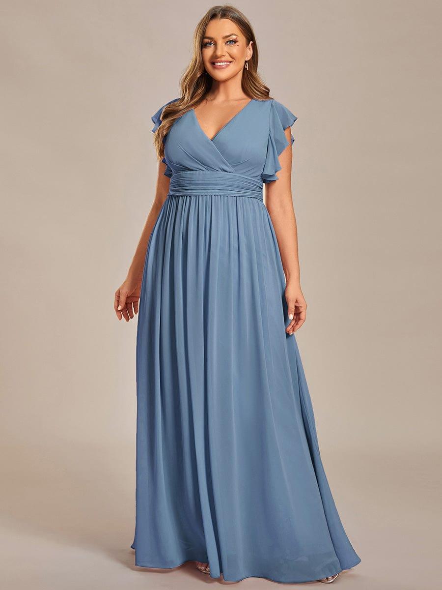 Plus Size V-Neck Open Back Ruffled Sleeves Chiffon Bridesmaid Dress #color_Dusty Blue