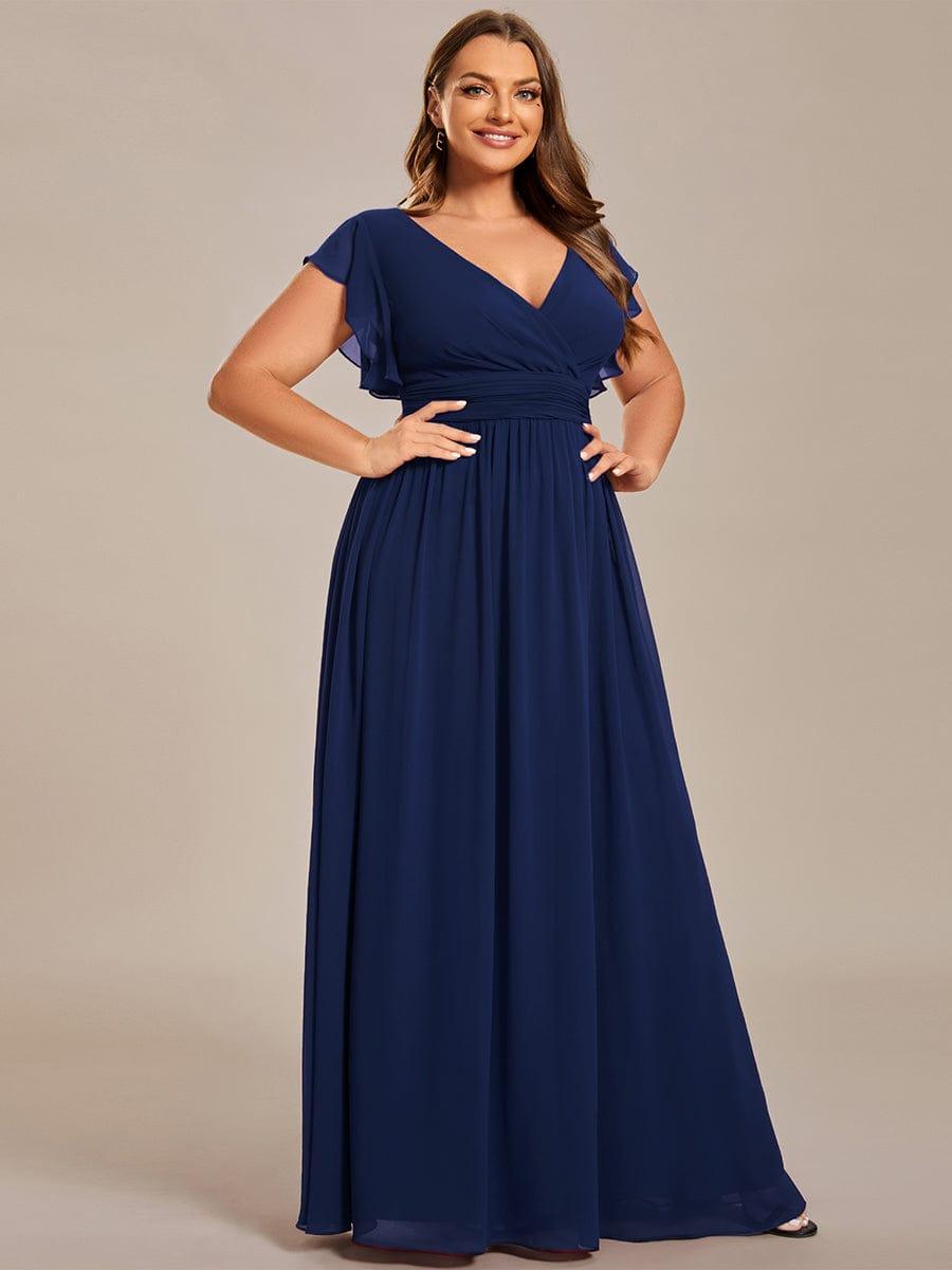 Plus Size V-Neck Open Back Ruffled Sleeves Chiffon Bridesmaid Dress #color_Navy Blue