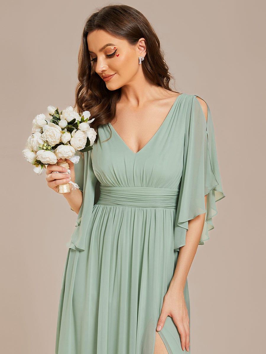 Chiffon A-Line Half Sleeves High Slit Bridesmaid Dress #color_Mint Green
