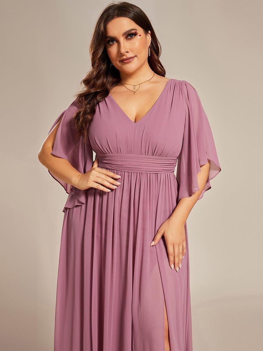 Chiffon A-Line Half Sleeves High Slit Bridesmaid Dress #color_Purple Orchid