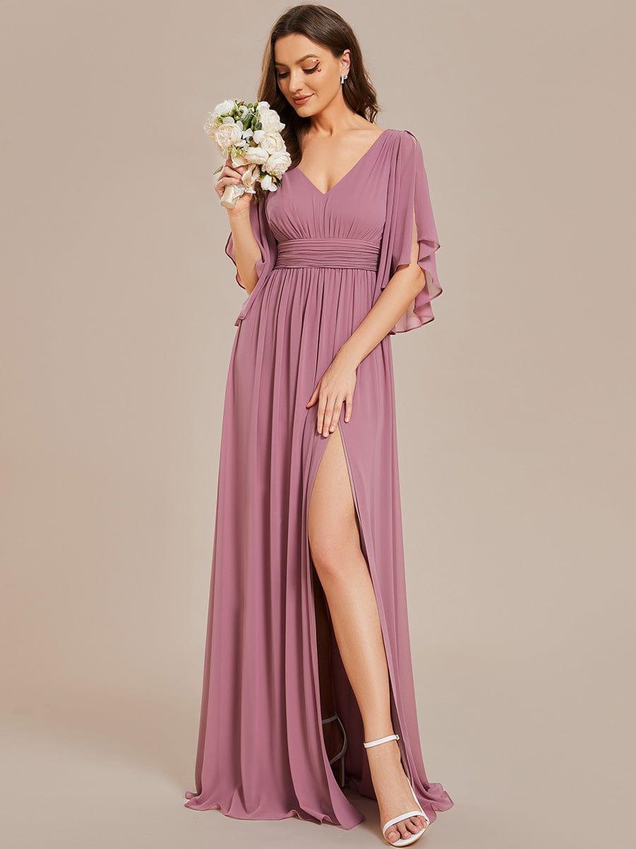 Chiffon A-Line Half Sleeves High Slit Bridesmaid Dress #color_Purple Orchid