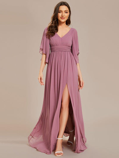 Chiffon A-Line Half Sleeves High Slit Bridesmaid Dress #color_Purple Orchid