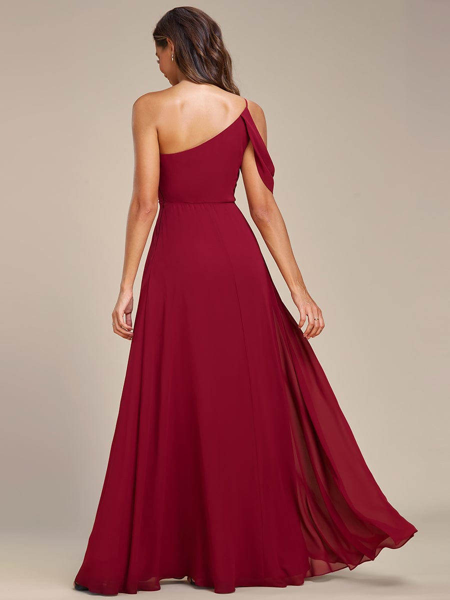 One-Shoulder Backless Asymmetric Pleated Chiffon Bridesmaid Dress #color_Burgundy