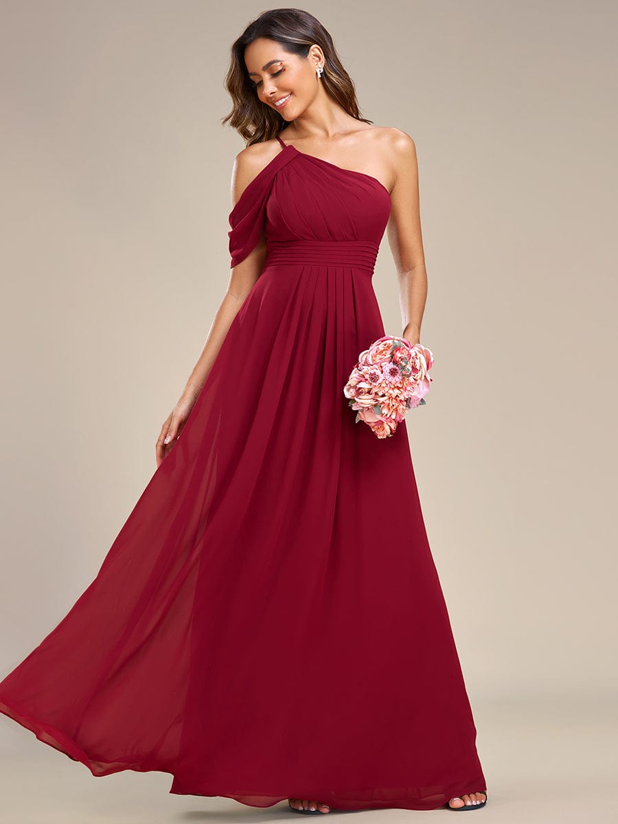 One-Shoulder Backless Asymmetric Pleated Chiffon Bridesmaid Dress #color_Burgundy One-Shoulder Backless Asymmetric Pleated Chiffon Bridesmaid Dress