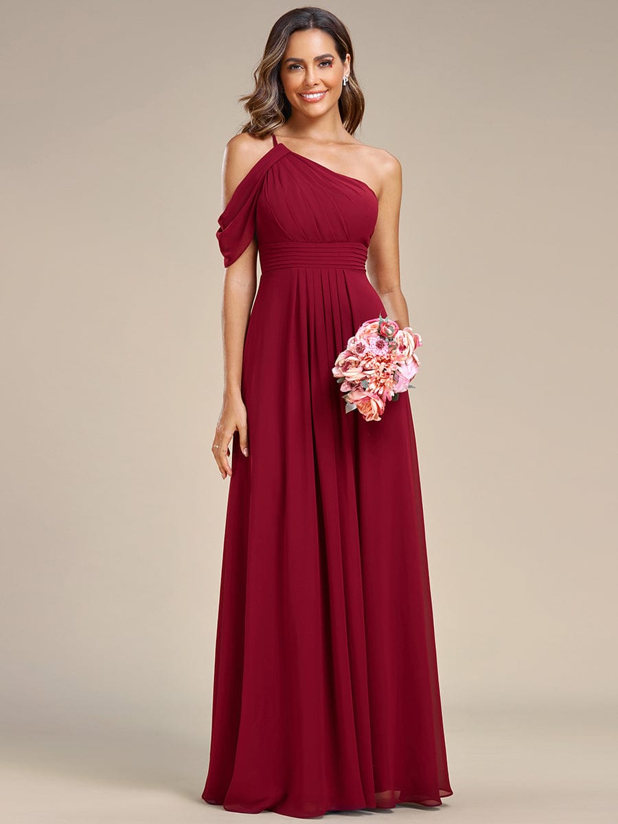 One-Shoulder Backless Asymmetric Pleated Chiffon Bridesmaid Dress #color_Burgundy One-Shoulder Backless Asymmetric Pleated Chiffon Bridesmaid Dress