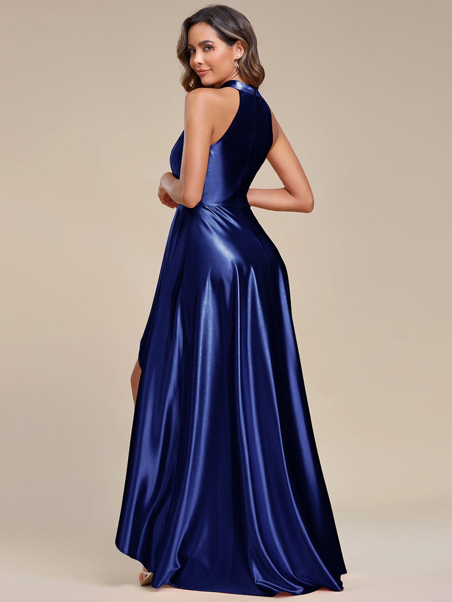 Elegant Halter High Low Satin Bridesmaid Dress #color_Navy Blue