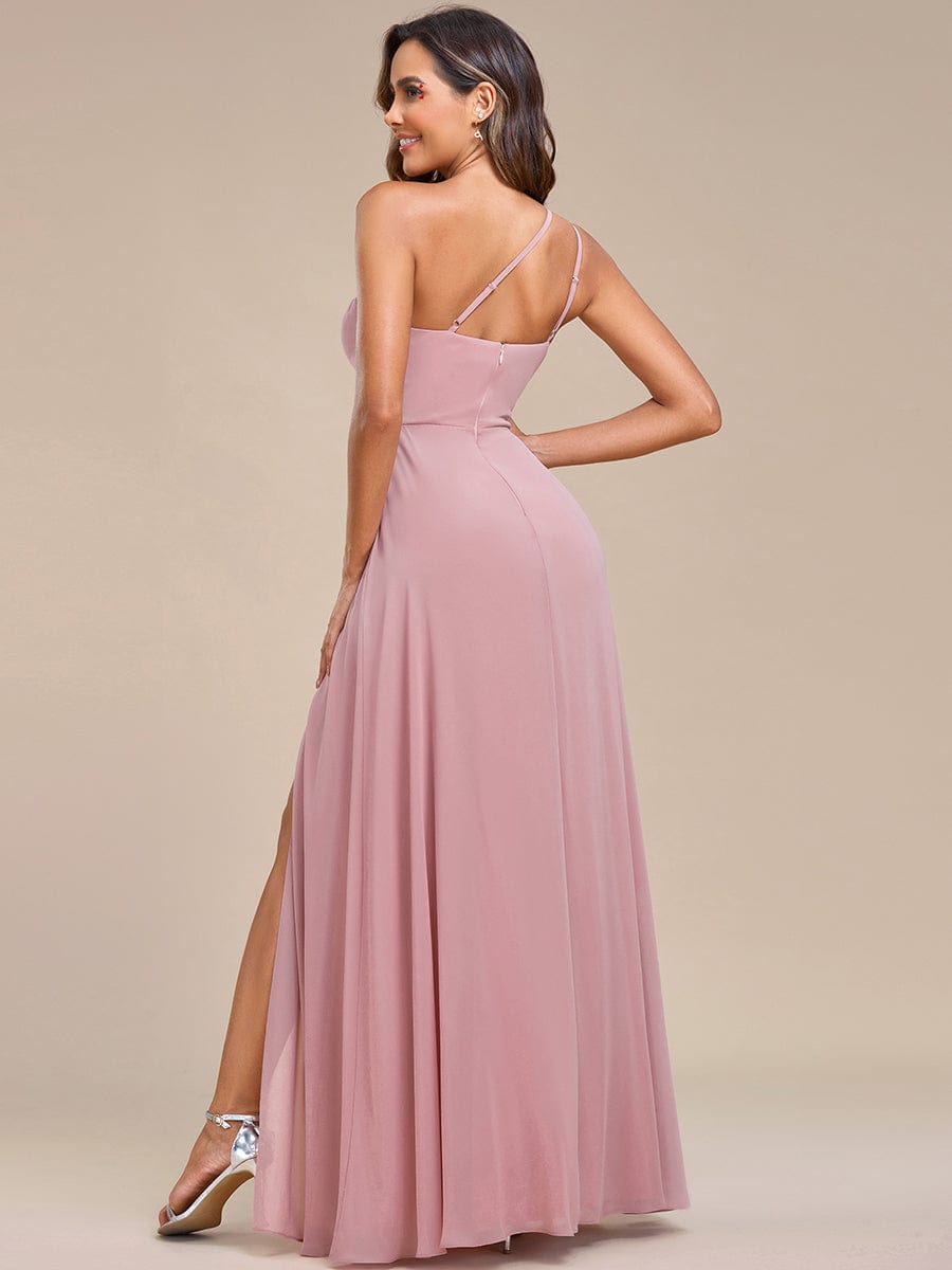 Elegant Applique One-Shoulder A-Line Bridesmaid Dress with High Slit #color_Dusty Rose Elegant Applique One-Shoulder A-Line Bridesmaid Dress with High Slit