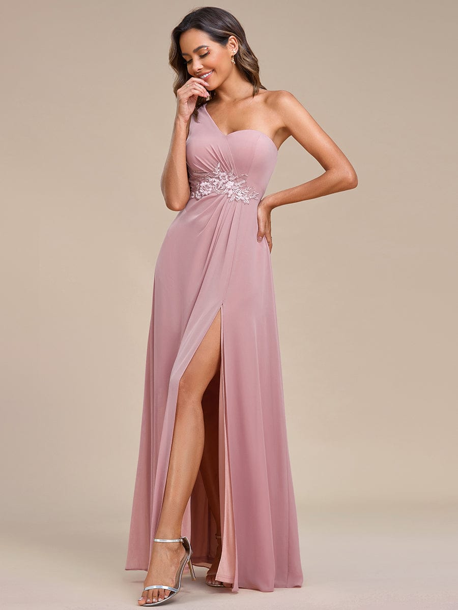 Elegant Applique One-Shoulder A-Line Bridesmaid Dress with High Slit #color_Dusty Rose Elegant Applique One-Shoulder A-Line Bridesmaid Dress with High Slit