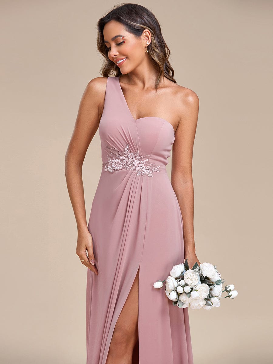 Elegant Applique One-Shoulder A-Line Bridesmaid Dress with High Slit #color_Dusty Rose Elegant Applique One-Shoulder A-Line Bridesmaid Dress with High Slit