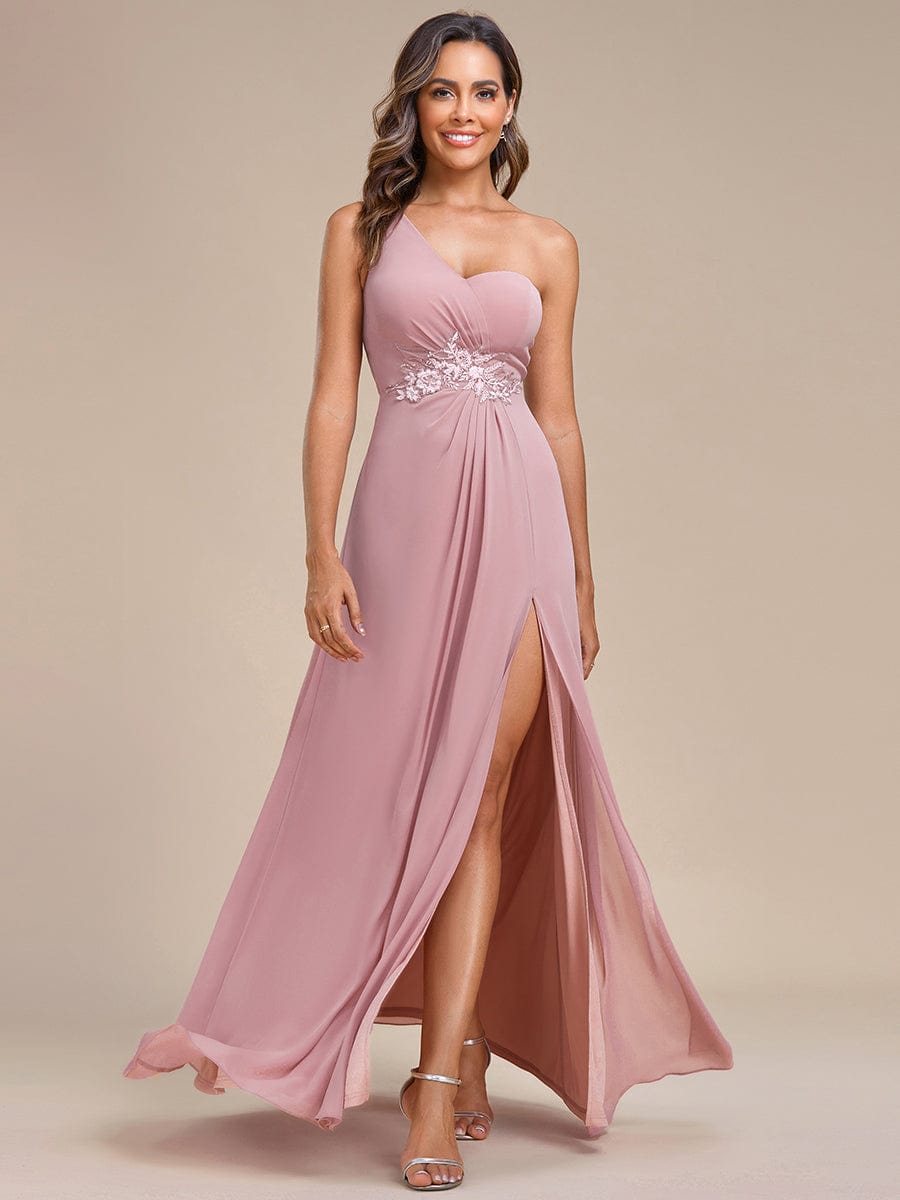 Elegant Applique One-Shoulder A-Line Bridesmaid Dress with High Slit #color_Dusty Rose Elegant Applique One-Shoulder A-Line Bridesmaid Dress with High Slit
