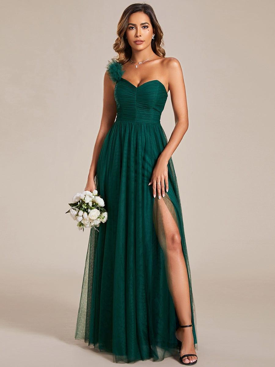 Elegant One Shoulder Maxi Tulle High Slit Bridesmaid Dress #color_Dark Green