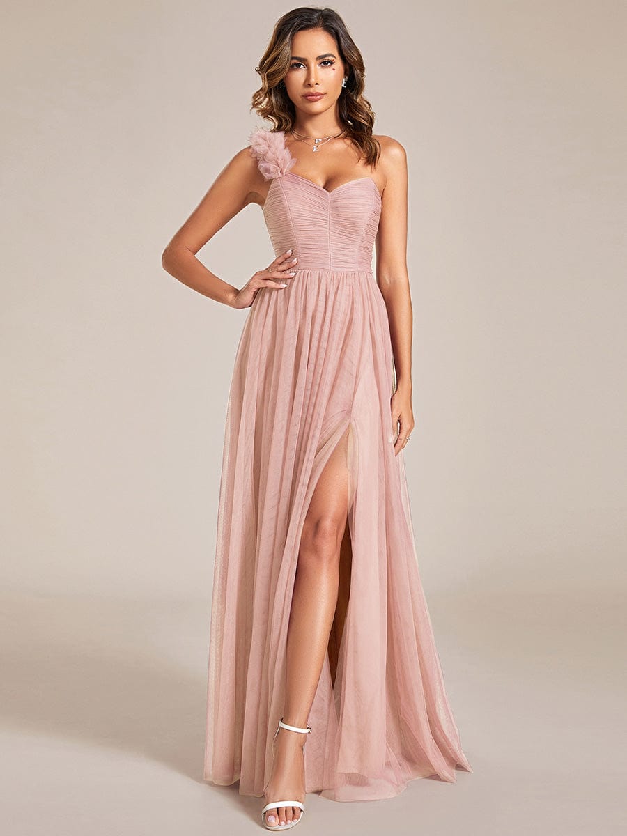 Elegant One Shoulder Maxi Tulle High Slit Bridesmaid Dress #color_Pink