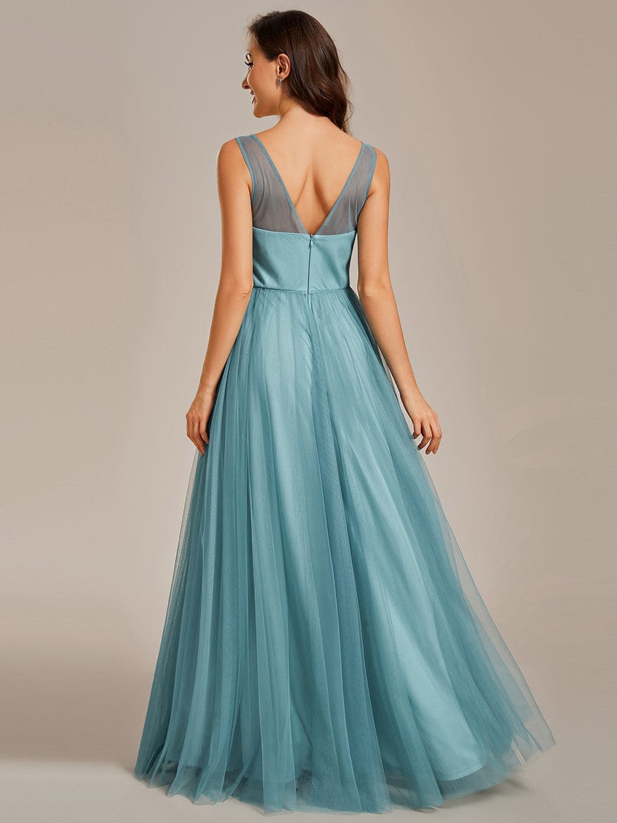 Elegant V-Neck Applique Maxi Bridesmaid Dress #color_Dusty Blue Elegant V-Neck Applique Maxi Bridesmaid Dress
