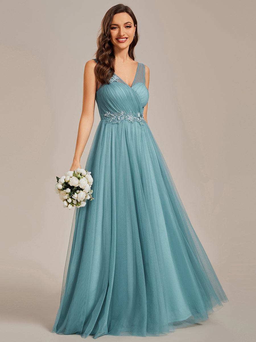 Elegant V-Neck Applique Maxi Bridesmaid Dress #color_Dusty Blue Elegant V-Neck Applique Maxi Bridesmaid Dress