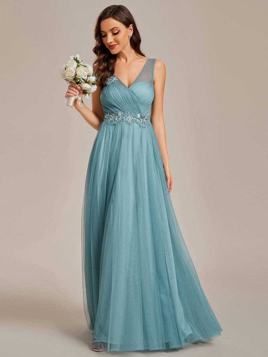 Elegant V-Neck Applique Maxi Bridesmaid Dress #color_Dusty Blue Elegant V-Neck Applique Maxi Bridesmaid Dress