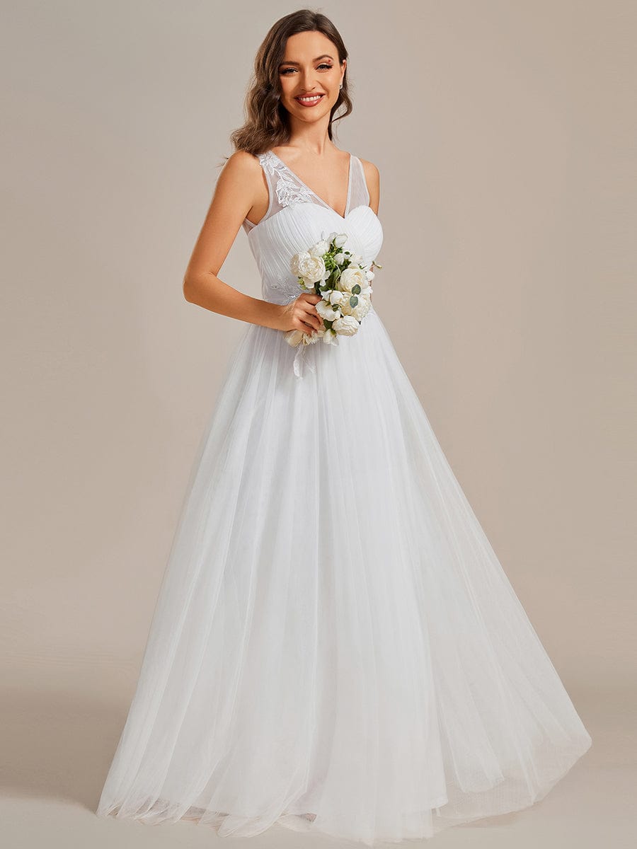Graceful V-Neck Applique A-Line Tulle Wedding Dress #color_White Graceful V-Neck Applique A-Line Tulle Wedding Dress