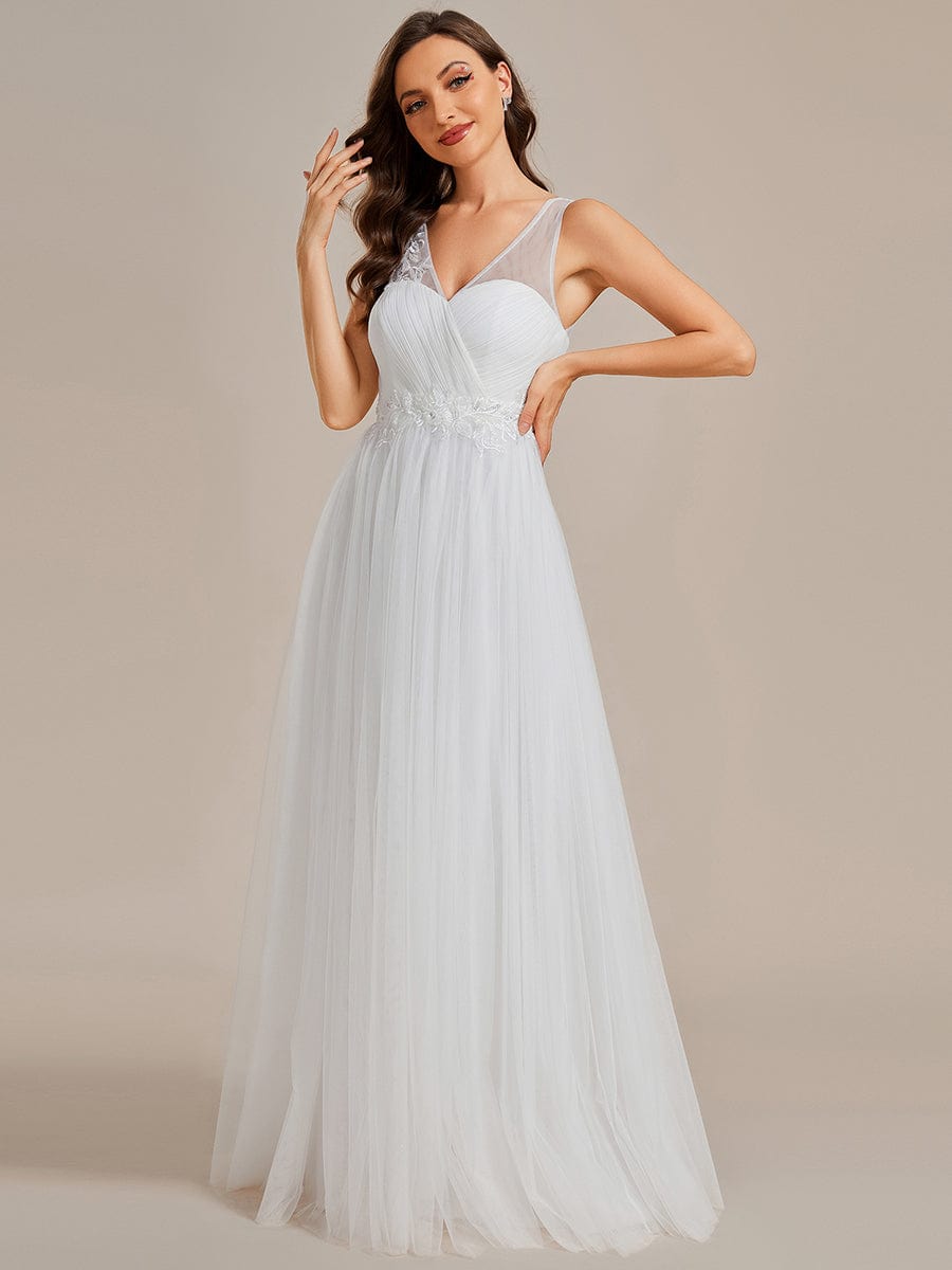 Graceful V-Neck Applique A-Line Tulle Wedding Dress #color_White Graceful V-Neck Applique A-Line Tulle Wedding Dress