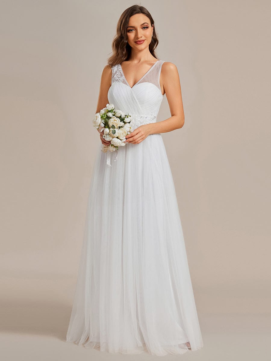 Graceful V-Neck Applique A-Line Tulle Wedding Dress #color_White Graceful V-Neck Applique A-Line Tulle Wedding Dress