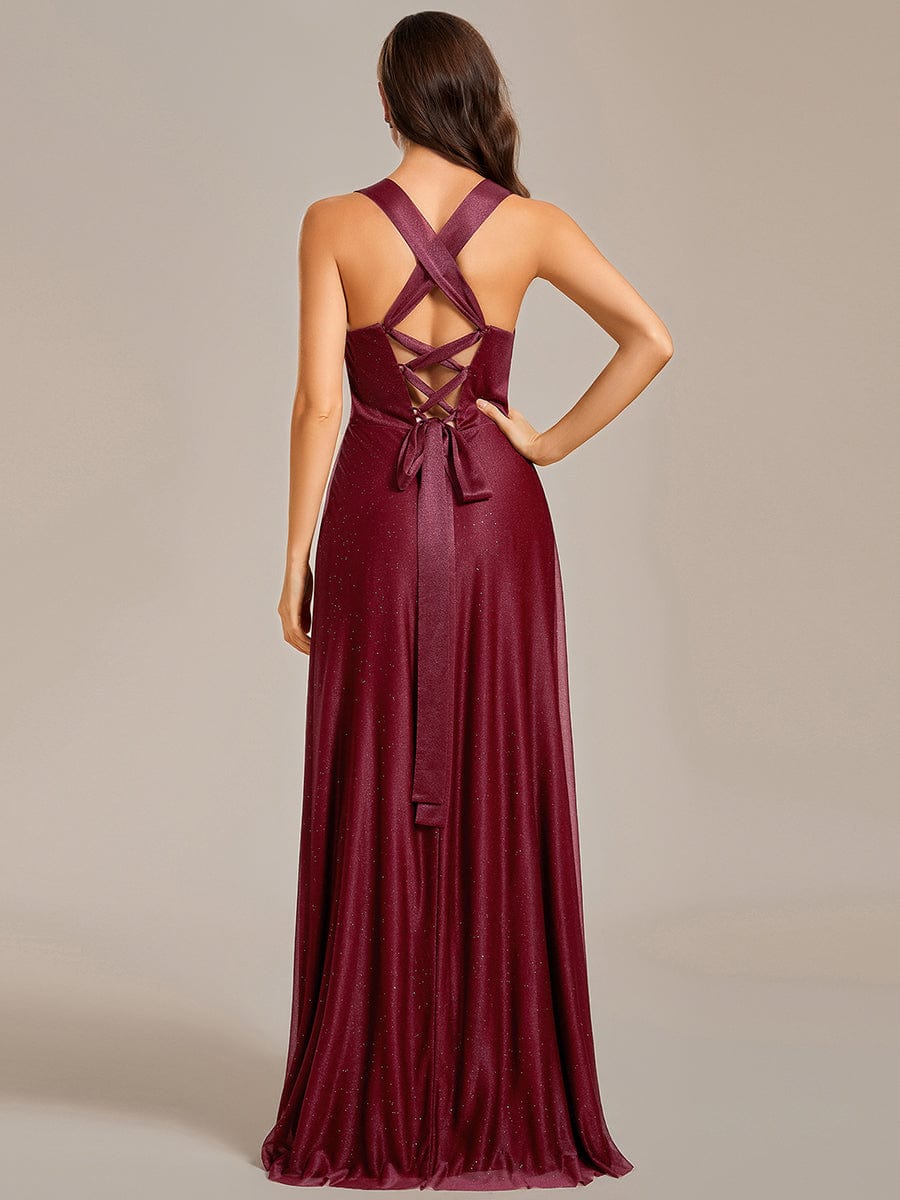 Glittery V-Neck Sleeveless Bridesmaid Dress with Adjustable Lace-Up Back #color_Burgundy Glittery V-Neck Sleeveless Bridesmaid Dress with Adjustable Lace-Up Back