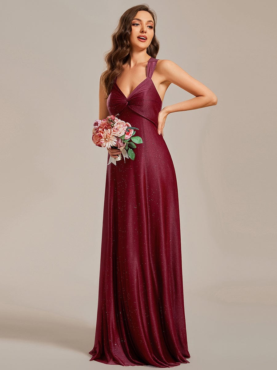 Glittery V-Neck Sleeveless Bridesmaid Dress with Adjustable Lace-Up Back #color_Burgundy Glittery V-Neck Sleeveless Bridesmaid Dress with Adjustable Lace-Up Back
