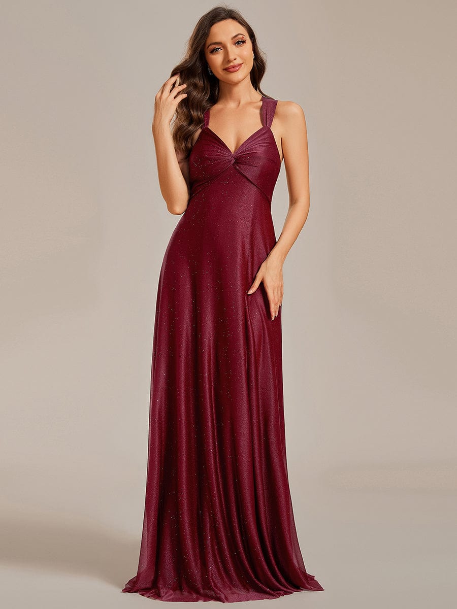 Glittery V-Neck Sleeveless Bridesmaid Dress with Adjustable Lace-Up Back #color_Burgundy Glittery V-Neck Sleeveless Bridesmaid Dress with Adjustable Lace-Up Back