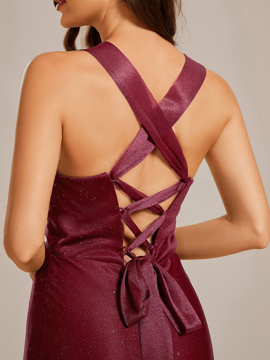 Glittery V-Neck Sleeveless Bridesmaid Dress with Adjustable Lace-Up Back #color_Burgundy Glittery V-Neck Sleeveless Bridesmaid Dress with Adjustable Lace-Up Back