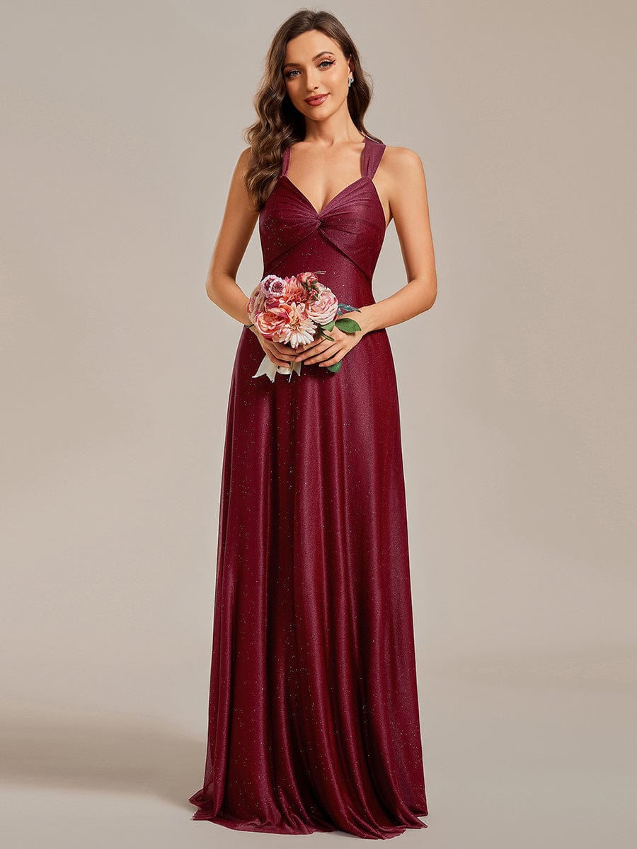 Glittery V-Neck Sleeveless Bridesmaid Dress with Adjustable Lace-Up Back #color_Burgundy Glittery V-Neck Sleeveless Bridesmaid Dress with Adjustable Lace-Up Back