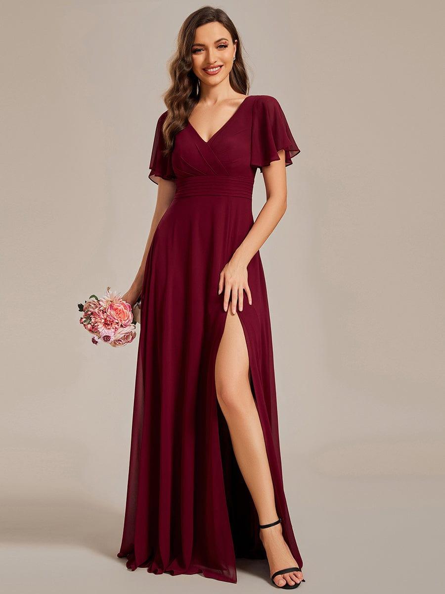 See-Through Back Flutter Sleeves High Slit Chiffon Evening Dress #color_Burgundy