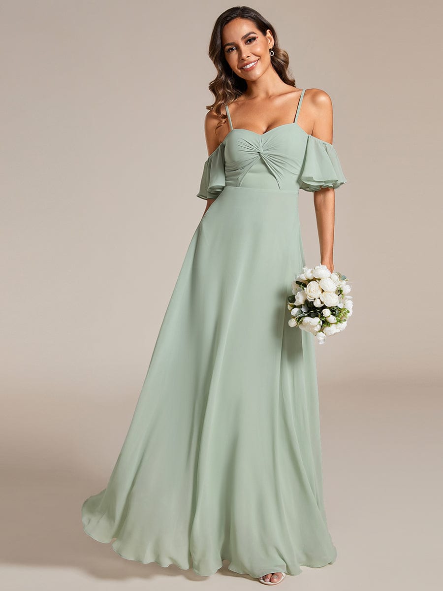 Off Shoulder Chiffon Bridesmaid Dresses with Ruffles Sleeve #color_Mint Green