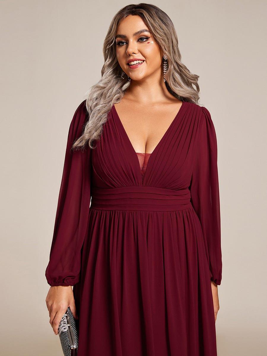 Plus Size Enchanting Chiffon Lantern Sleeve Pleated High Waist Bridesmaid Dress #color_Burgundy