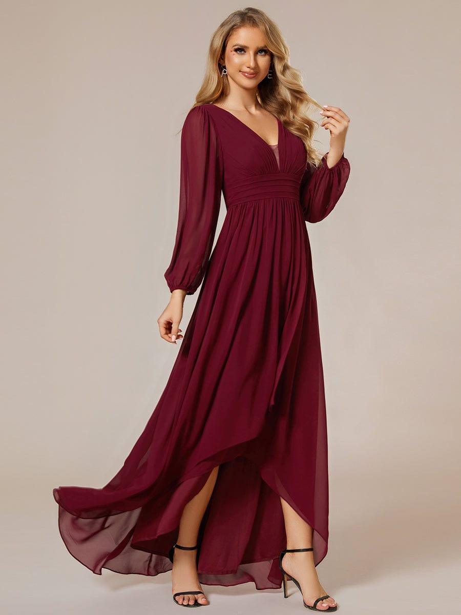 Enchanting Chiffon Lantern Sleeve Pleated High Waist Bridesmaid Dress #color_Burgundy