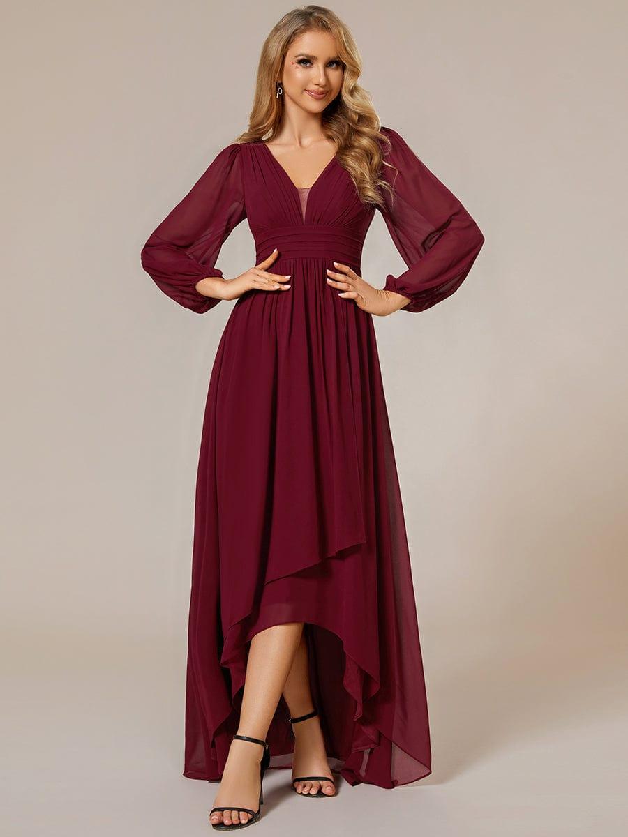 Enchanting Chiffon Lantern Sleeve Pleated High Waist Bridesmaid Dress #color_Burgundy