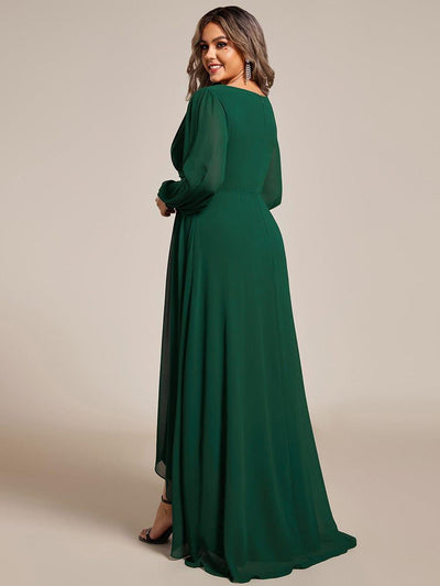 Plus Size Enchanting Chiffon Lantern Sleeve Pleated High Waist Bridesmaid Dress #color_Dark Green