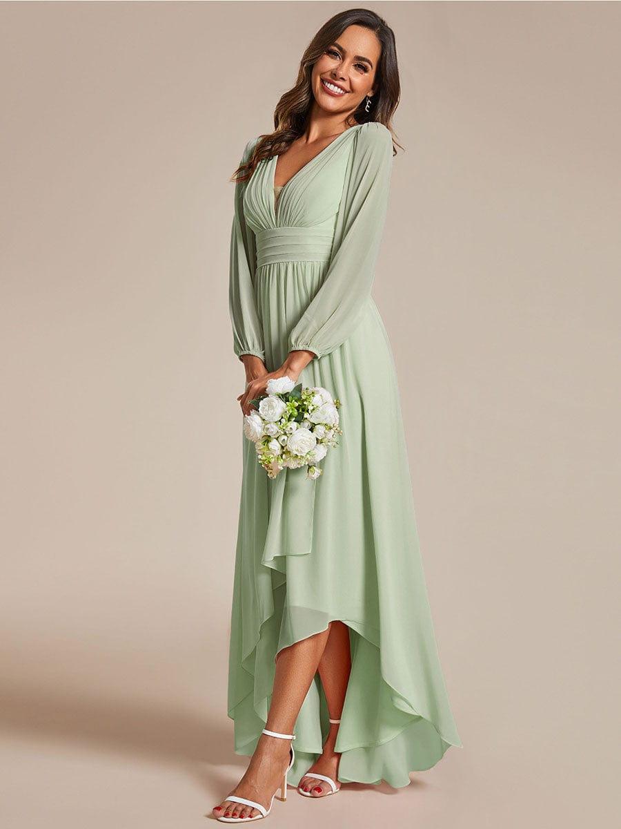 Enchanting Chiffon Lantern Sleeve Pleated High Waist Bridesmaid Dress #color_Mint Green