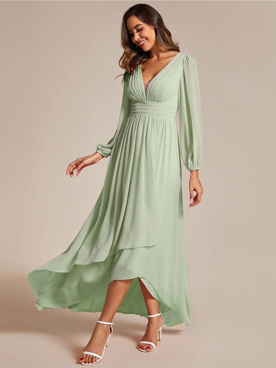 Enchanting Chiffon Lantern Sleeve Pleated High Waist Bridesmaid Dress #color_Mint Green