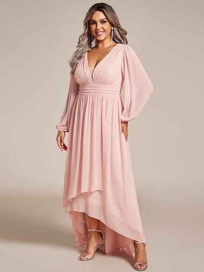 Plus Size Enchanting Chiffon Lantern Sleeve Pleated High Waist Bridesmaid Dress #color_Pink
