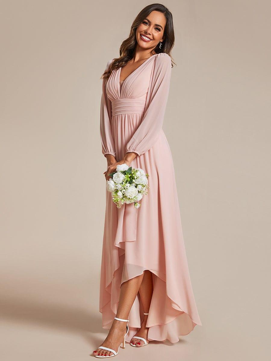 Enchanting Chiffon Lantern Sleeve Pleated High Waist Bridesmaid Dress #color_Pink