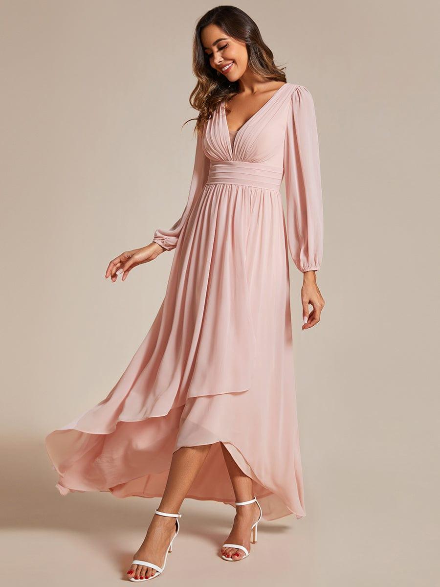 Enchanting Chiffon Lantern Sleeve Pleated High Waist Bridesmaid Dress #color_Pink