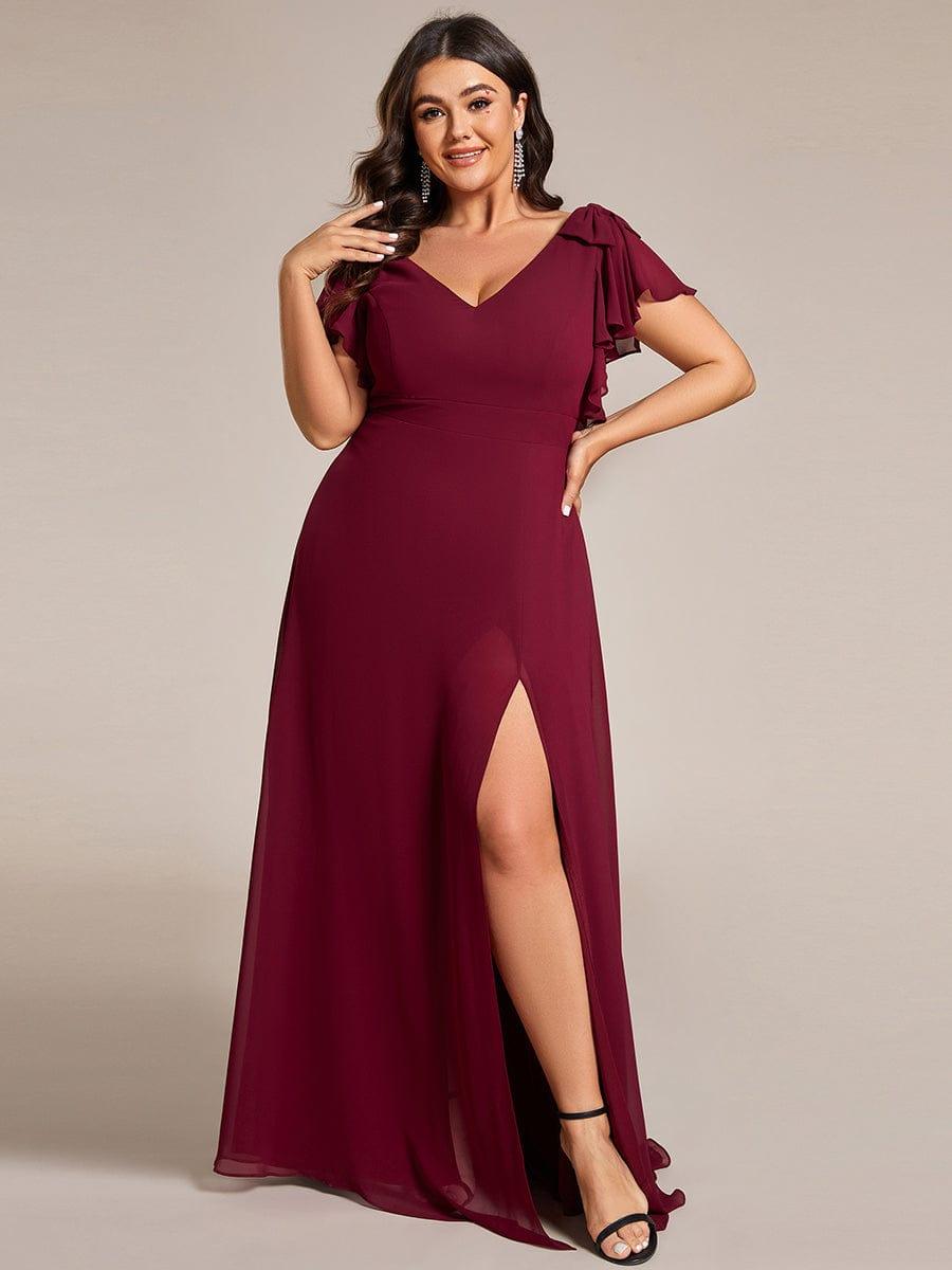 Plus Size Double V-Neck High Split Bridesmaid Dress with Ribbon Bow #color_Burgundy