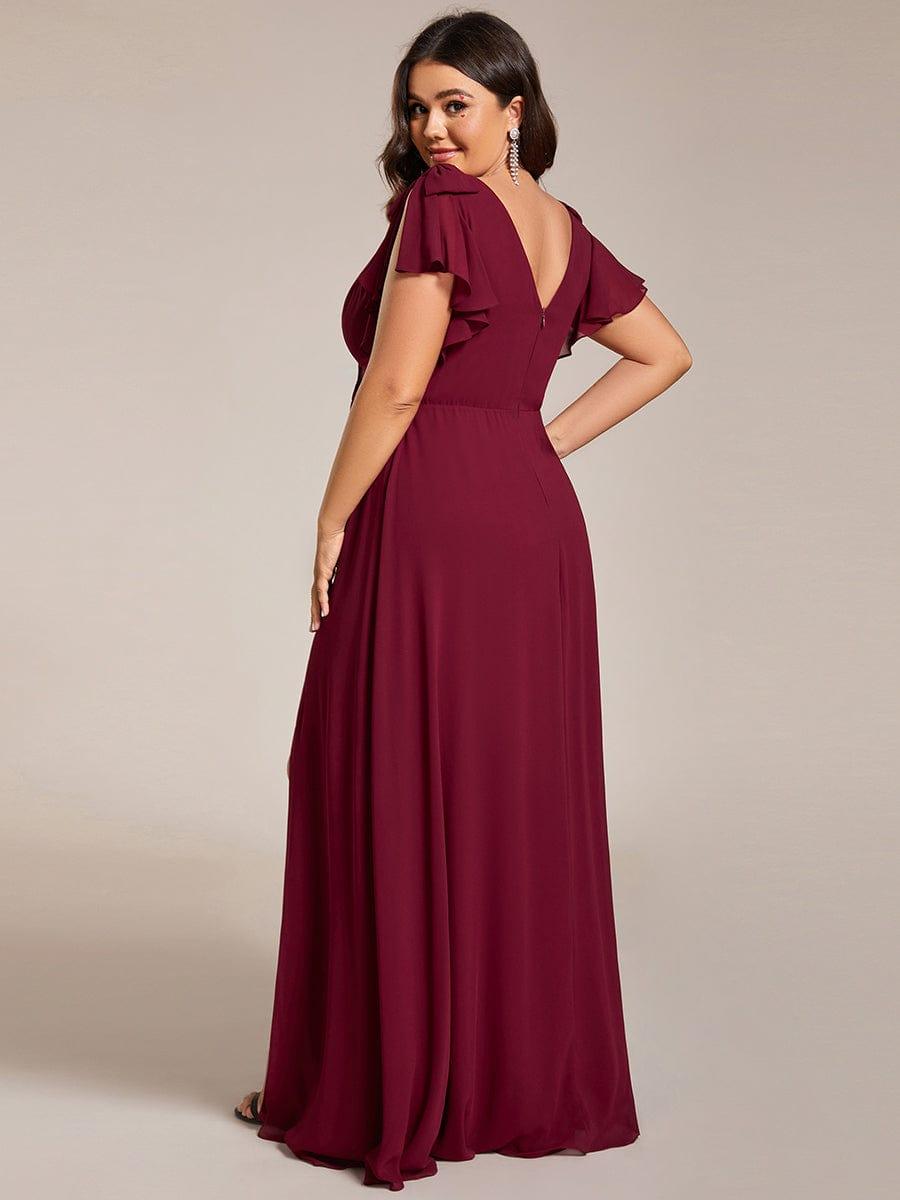 Plus Size Double V-Neck High Split Bridesmaid Dress with Ribbon Bow #color_Burgundy