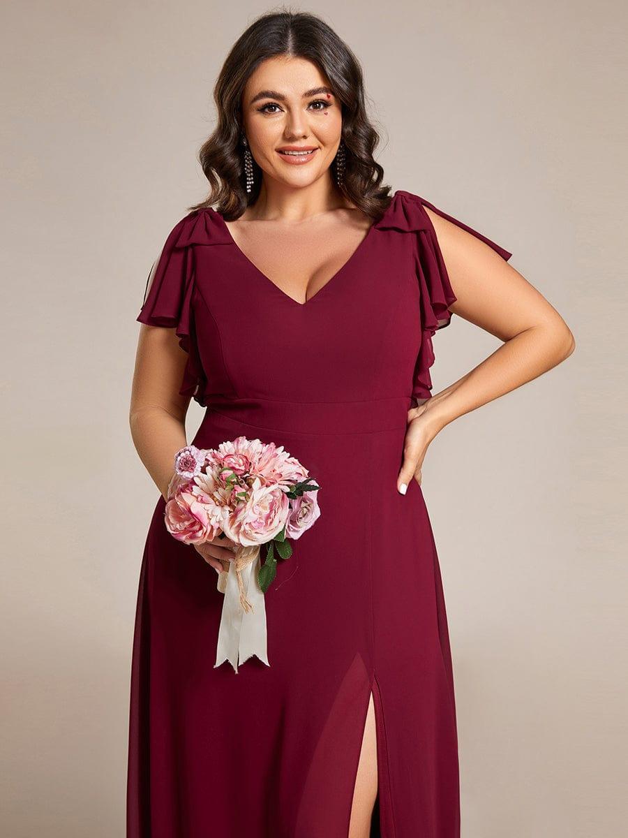 Plus Size Double V-Neck High Split Bridesmaid Dress with Ribbon Bow #color_Burgundy