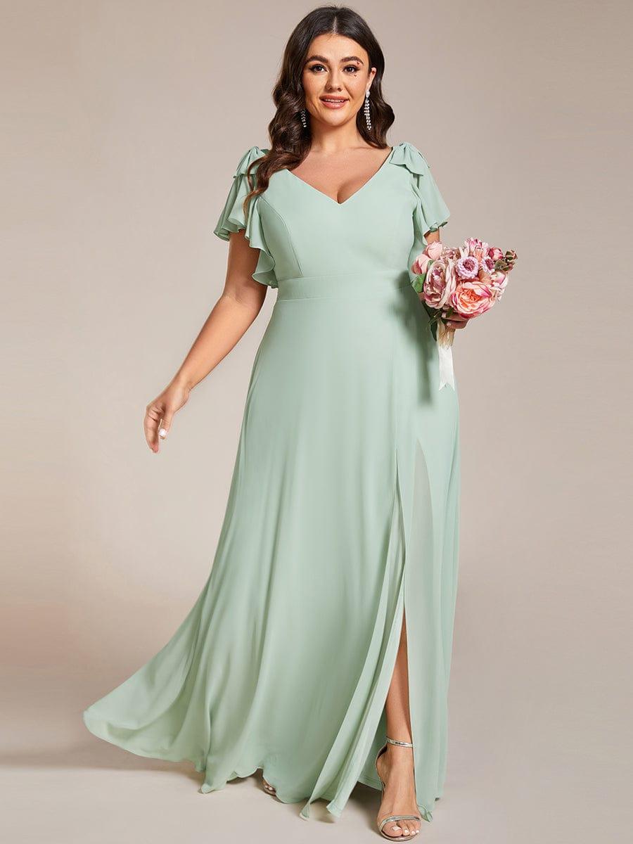 Plus Size Double V-Neck High Split Bridesmaid Dress with Ribbon Bow #color_Mint Green