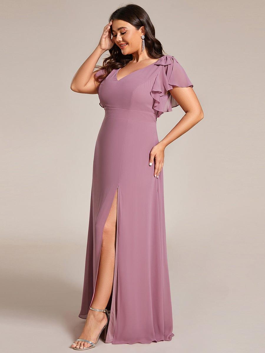Plus Size Double V-Neck High Split Bridesmaid Dress with Ribbon Bow #color_Purple Orchid