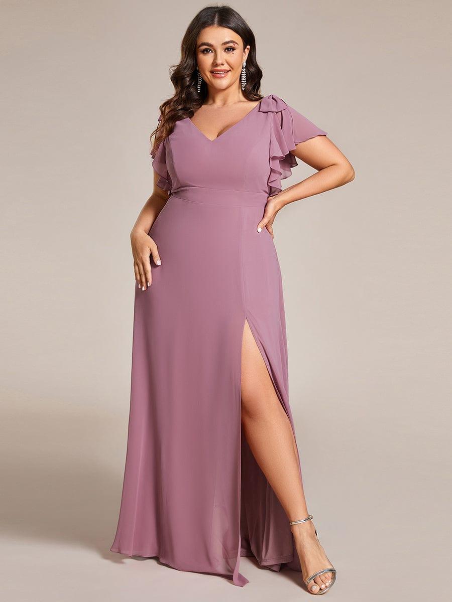 Plus Size Double V-Neck High Split Bridesmaid Dress with Ribbon Bow #color_Purple Orchid